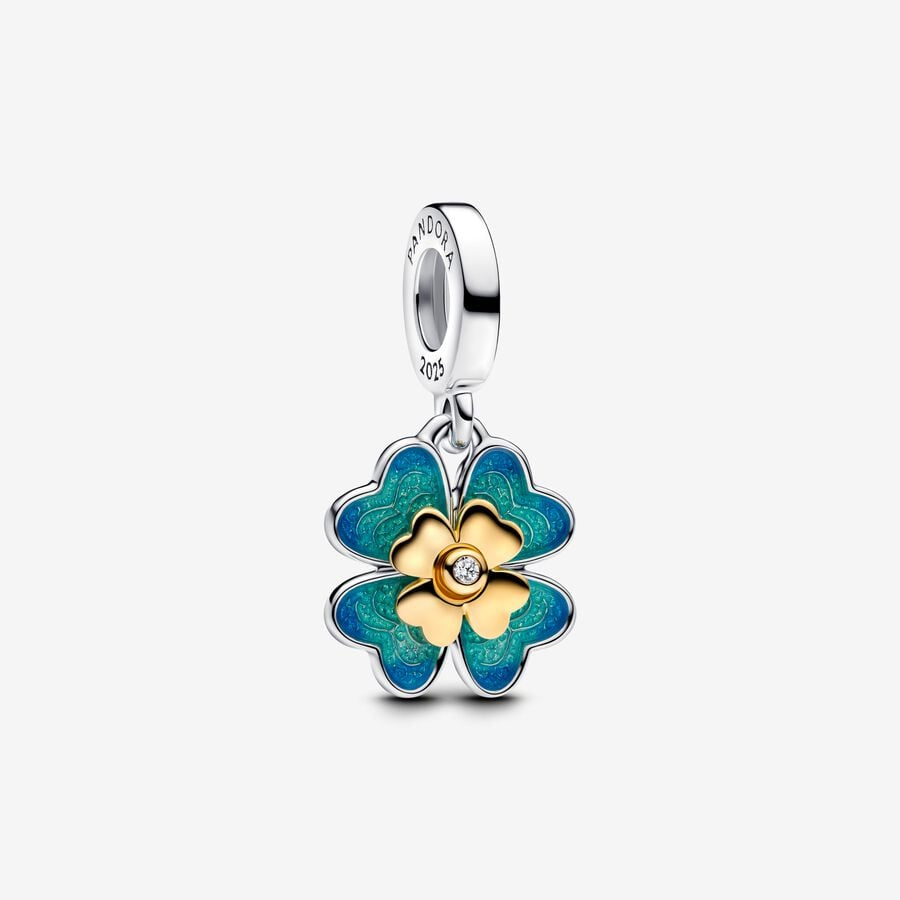 Spinnable Four Leaf Clover Dangle Charm Hallmarked S925 Sterling Silver